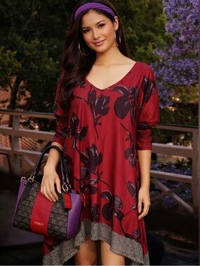 Red and Black Asymmetrical High-Low Puff Sleeve Dress